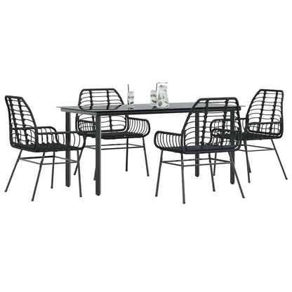 5 Piece Garden Dining Set Black Poly Rattan Glass