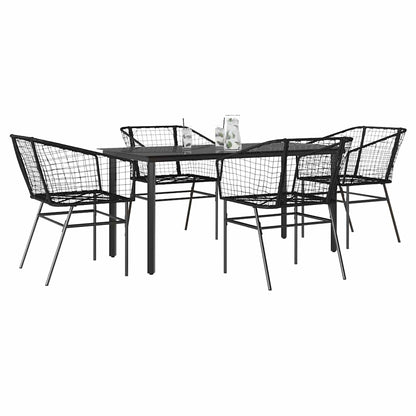 5 Piece Garden Dining Set Black Poly Rattan Glass