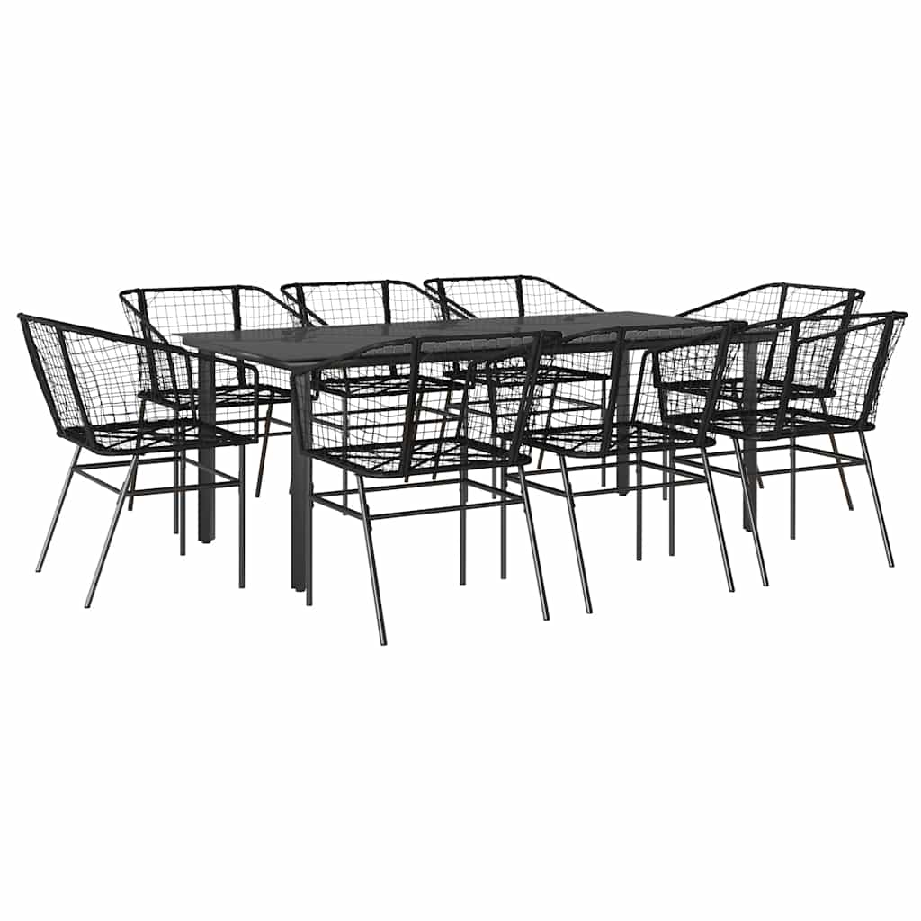 9 Piece Garden Dining Set Black Poly Rattan Glass
