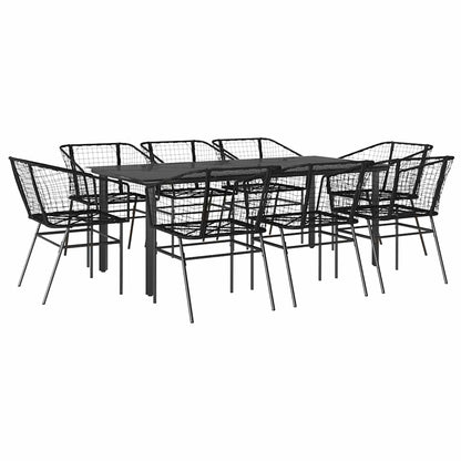 9 Piece Garden Dining Set Black Poly Rattan Glass