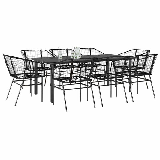 9 Piece Garden Dining Set Black Poly Rattan Glass