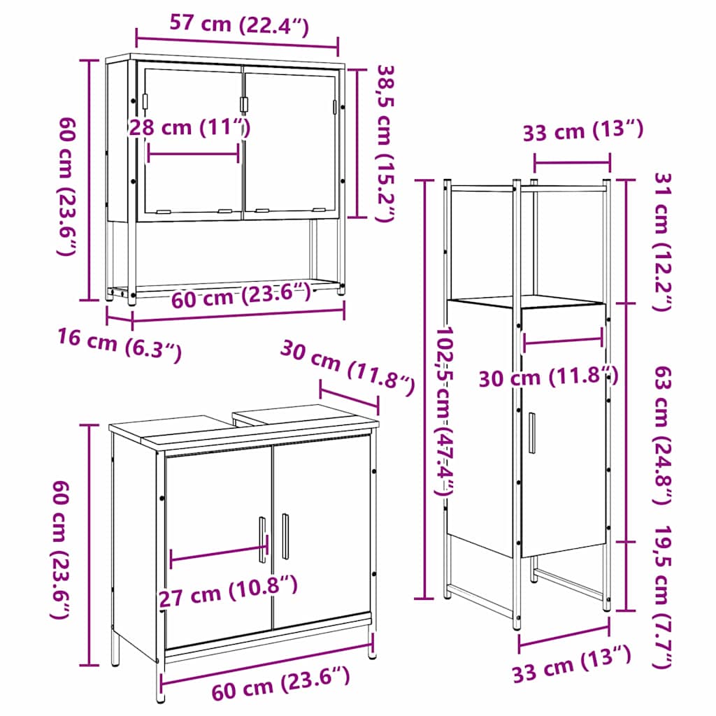 Bathroom Furniture Set with Door 3 pcs Brown 33 x 33 x 102.5 cm