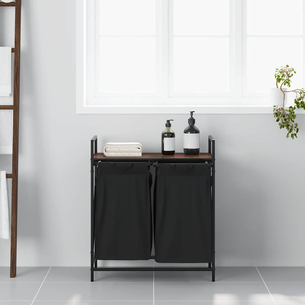 Laundry Basket 2 Compartments with Shelf Brown Oak