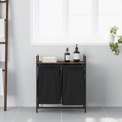 Laundry Basket 2 Compartments with Shelf Brown Oak