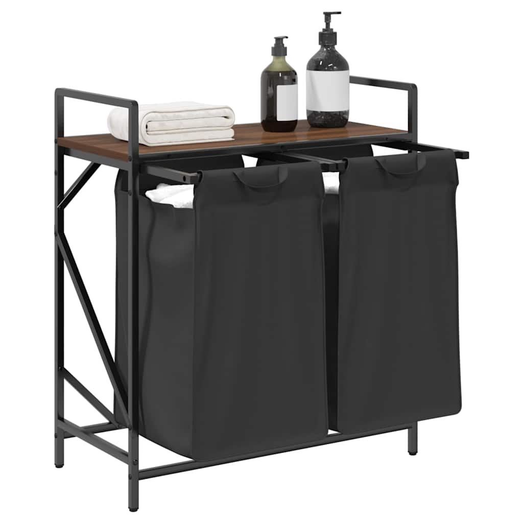 Laundry Basket 2 Compartments with Shelf Brown Oak