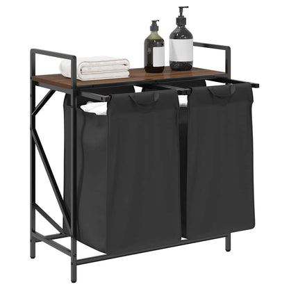 Laundry Basket 2 Compartments with Shelf Brown Oak