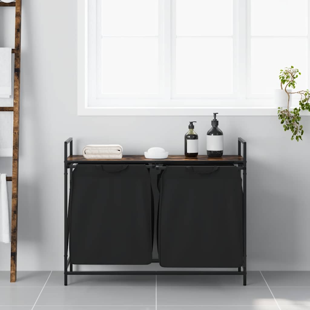 Laundry Basket 2 Compartments with Shelf Smoked Oak