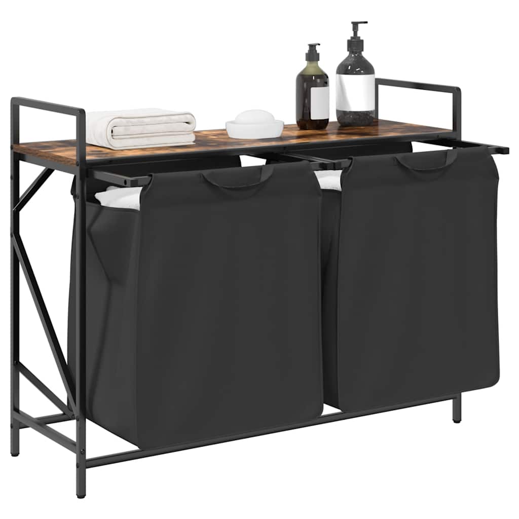 Laundry Basket 2 Compartments with Shelf Smoked Oak