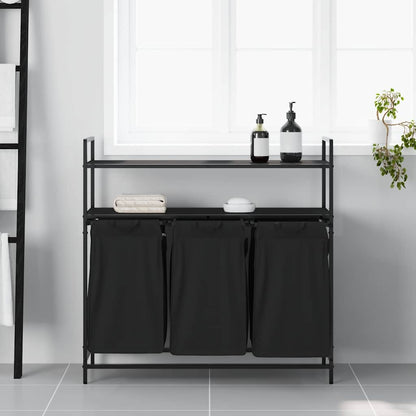 Laundry Basket 3 Compartments with Shelves Black Oak