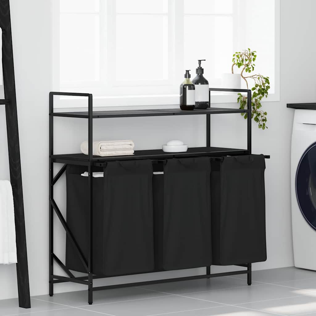 Laundry Basket 3 Compartments with Shelves Black Oak