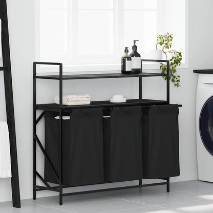 Laundry Basket 3 Compartments with Shelves Black Oak