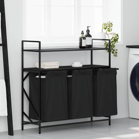 Laundry Basket 3 Compartments with Shelves Black Oak