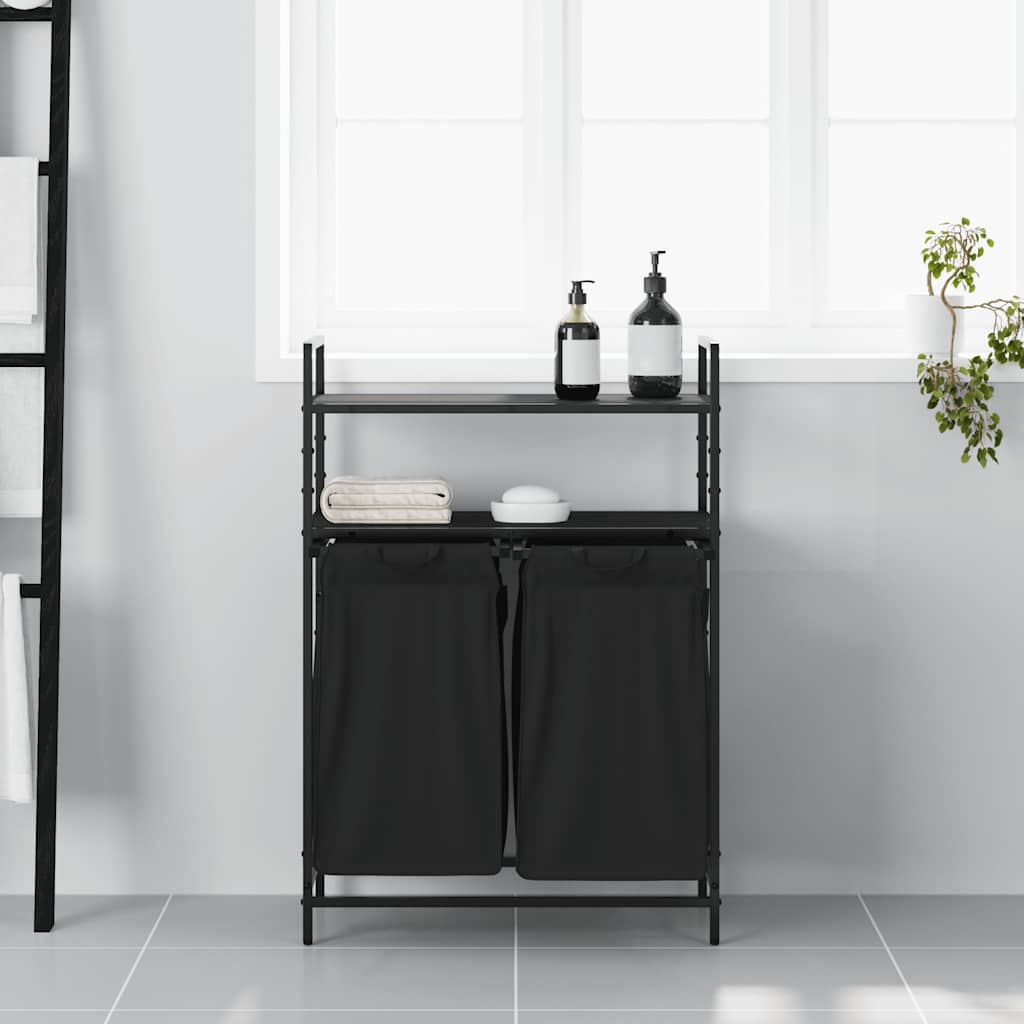 Laundry Basket 2 Compartments with Shelves Black Oak