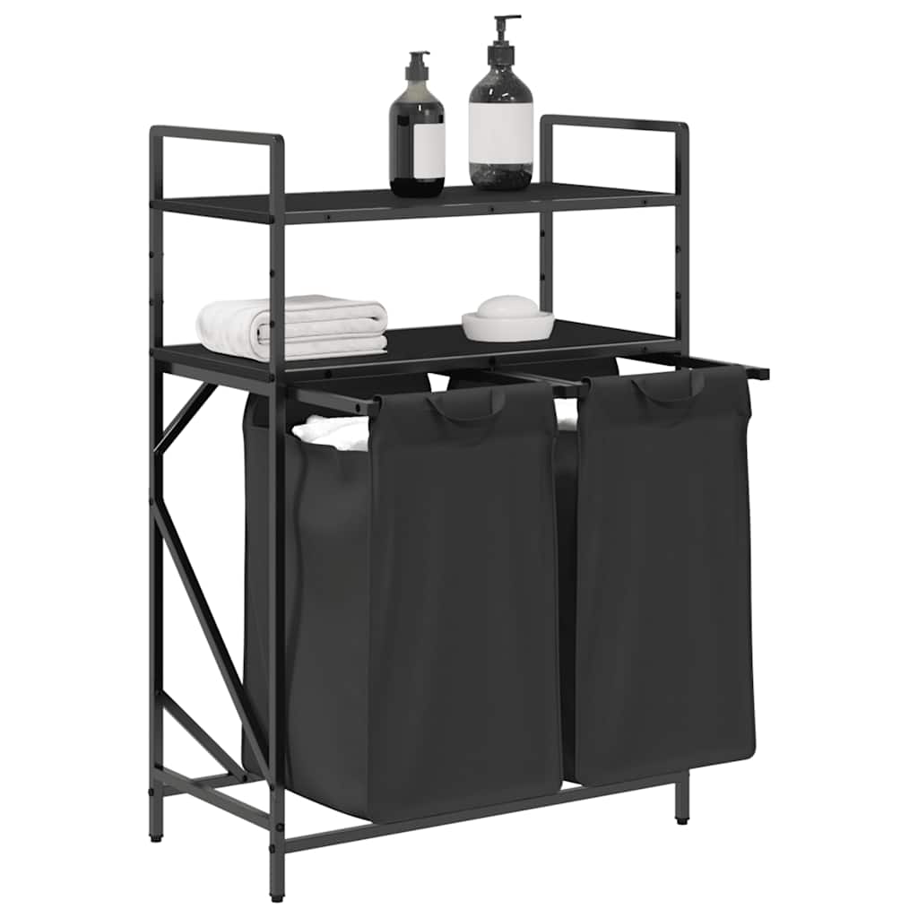 Laundry Basket 2 Compartments with Shelves Black Oak