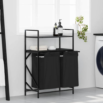 Laundry Basket 2 Compartments with Shelves Black Oak