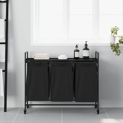 Laundry Basket 3 Compartments with Wheels Black Oak