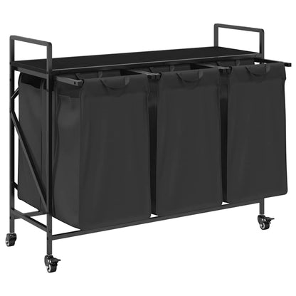 Laundry Basket 3 Compartments with Wheels Black Oak