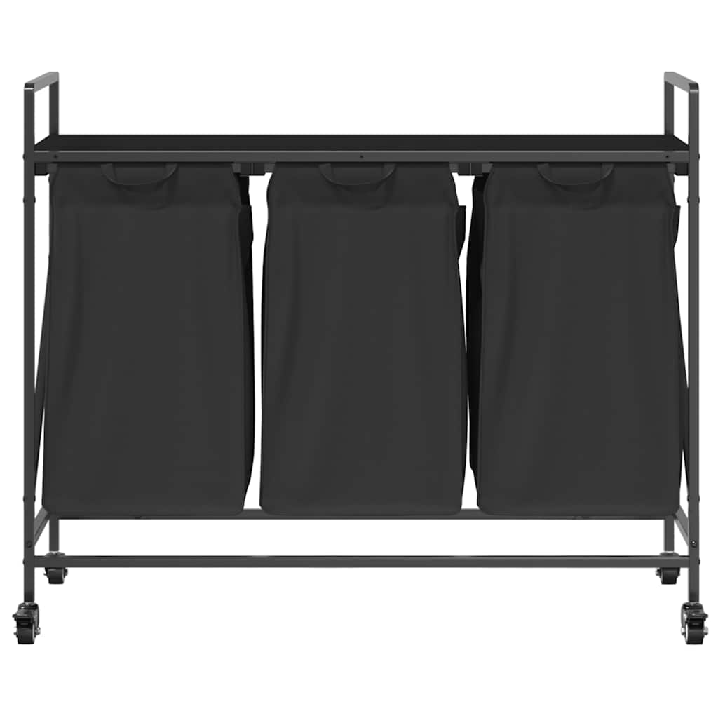 Laundry Basket 3 Compartments with Wheels Black Oak