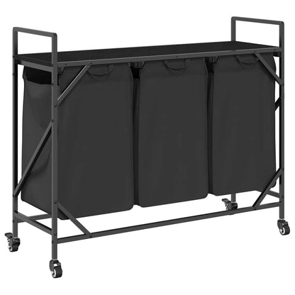 Laundry Basket 3 Compartments with Wheels Black Oak
