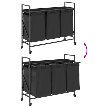 Laundry Basket 3 Compartments with Wheels Black Oak