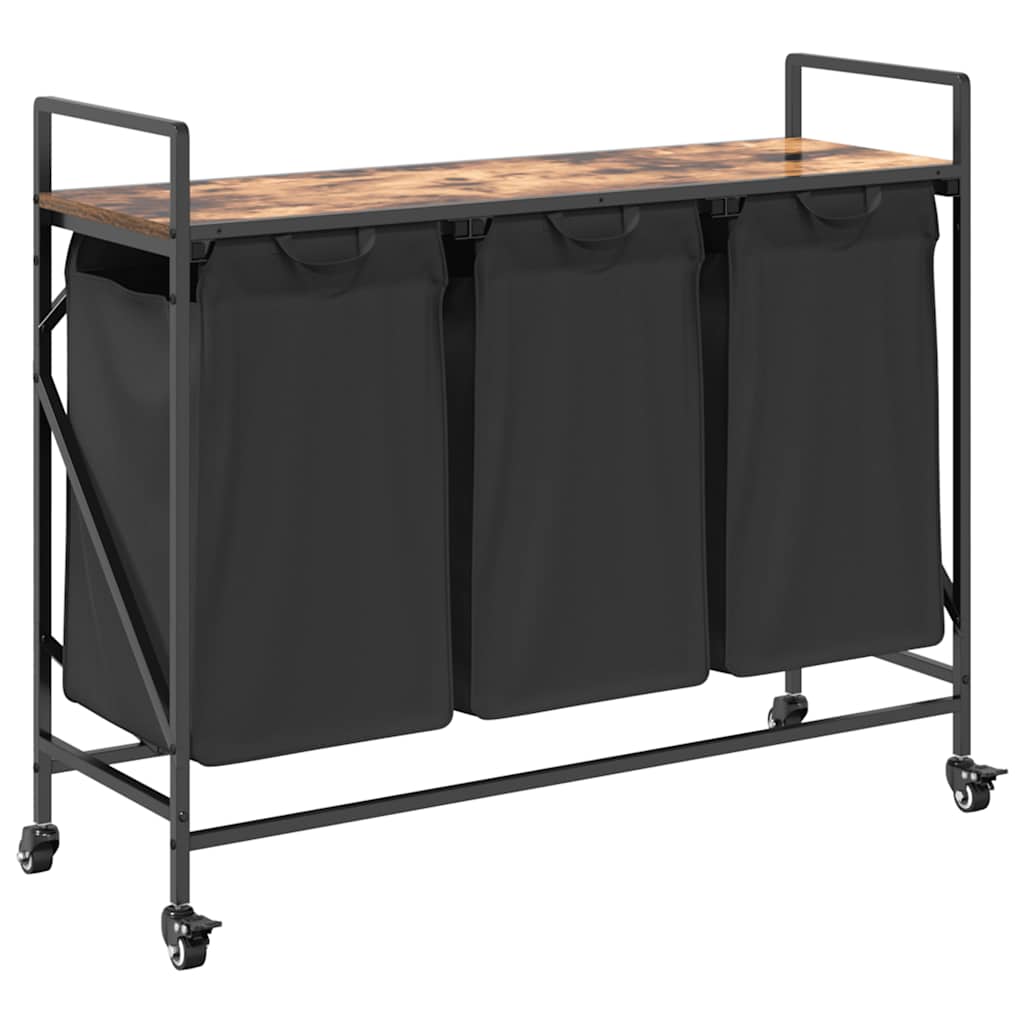 Laundry Basket 3 Compartments with Wheels Smoked Oak