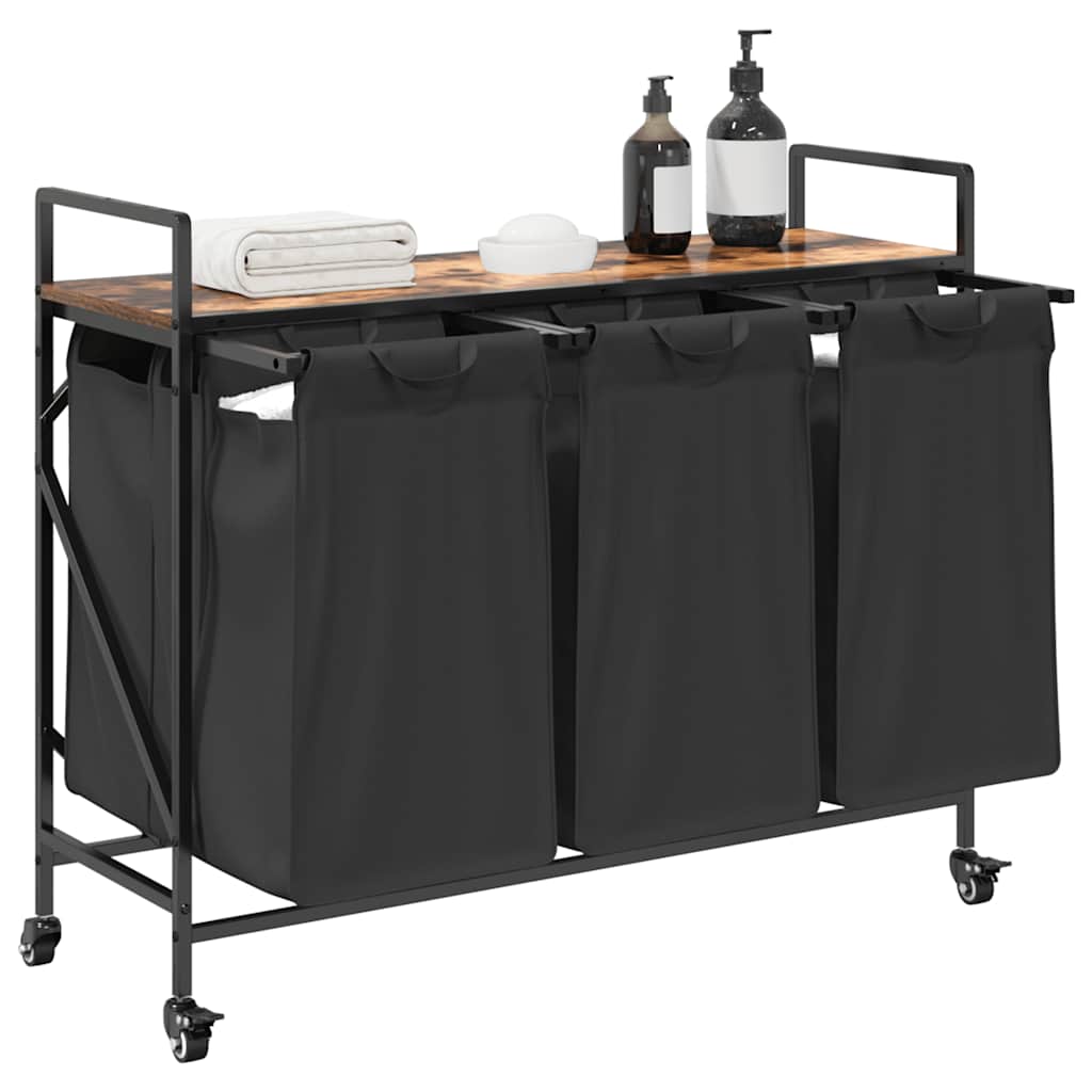 Laundry Basket 3 Compartments with Wheels Smoked Oak