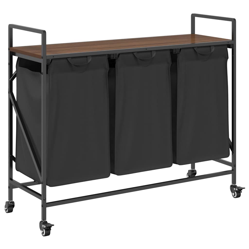 Laundry Basket 3 Compartments with Wheels Brown Oak