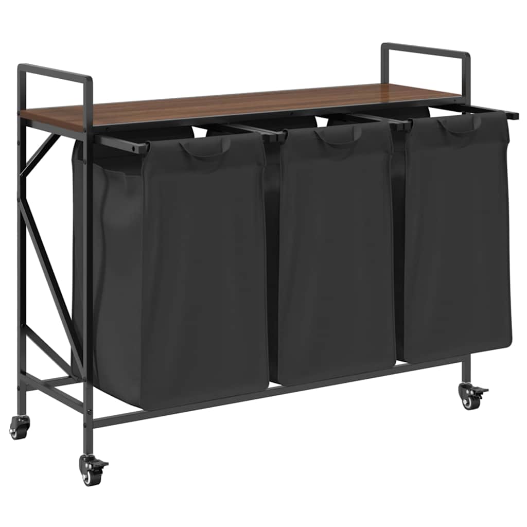 Laundry Basket 3 Compartments with Wheels Brown Oak