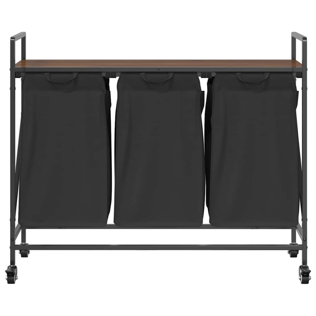 Laundry Basket 3 Compartments with Wheels Brown Oak