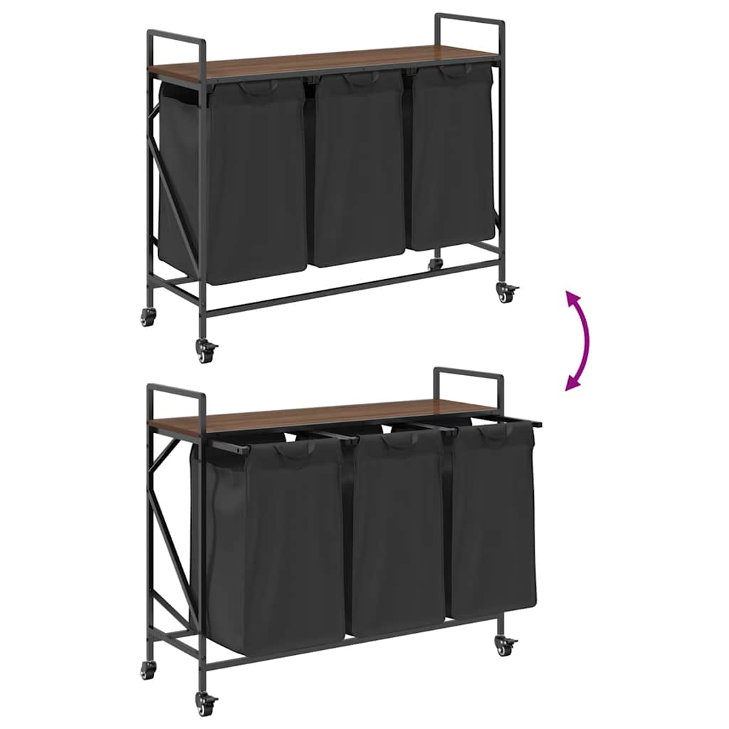 Laundry Basket 3 Compartments with Wheels Brown Oak