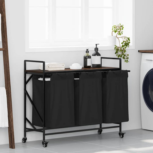Laundry Basket 3 Compartments with Wheels Brown Oak