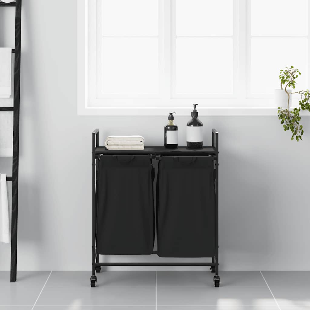 Laundry Basket 2 Compartments with Wheels Black Oak