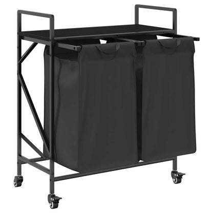 Laundry Basket 2 Compartments with Wheels Black Oak