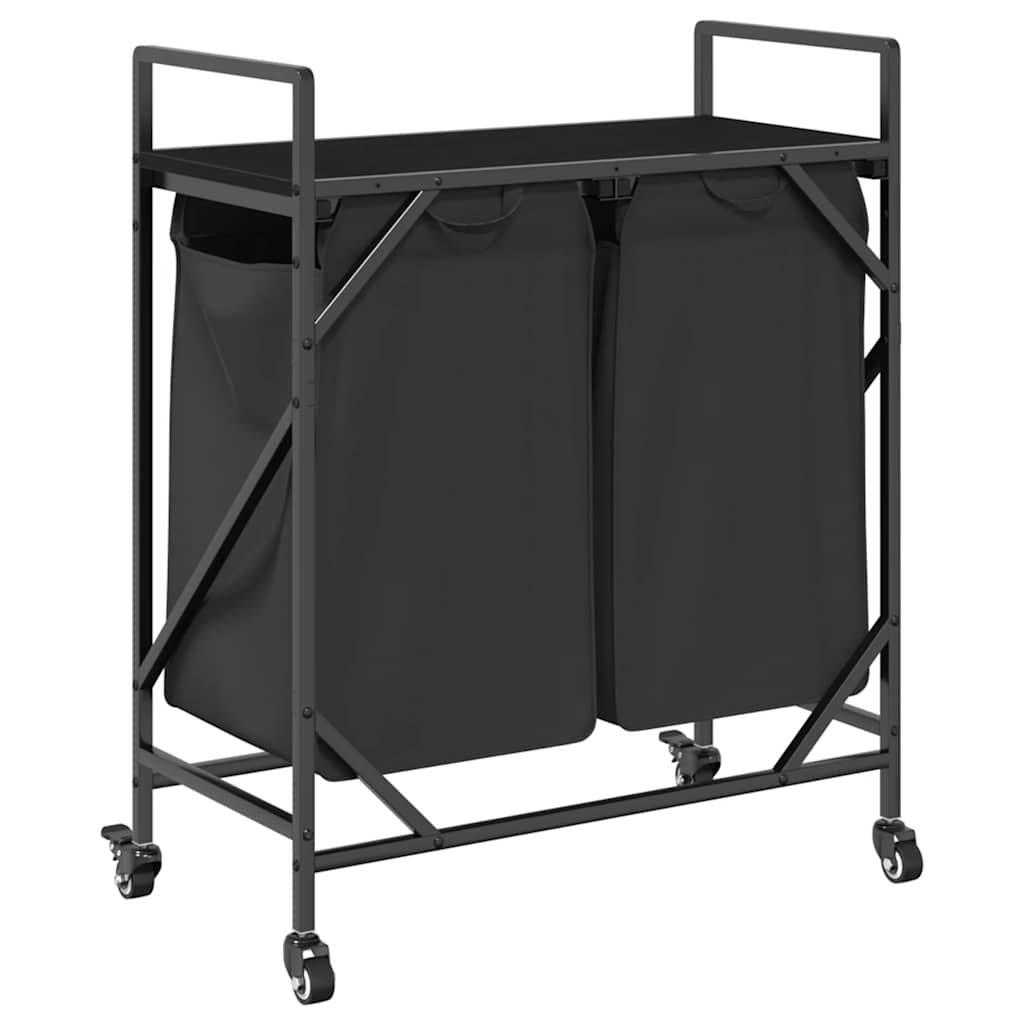Laundry Basket 2 Compartments with Wheels Black Oak