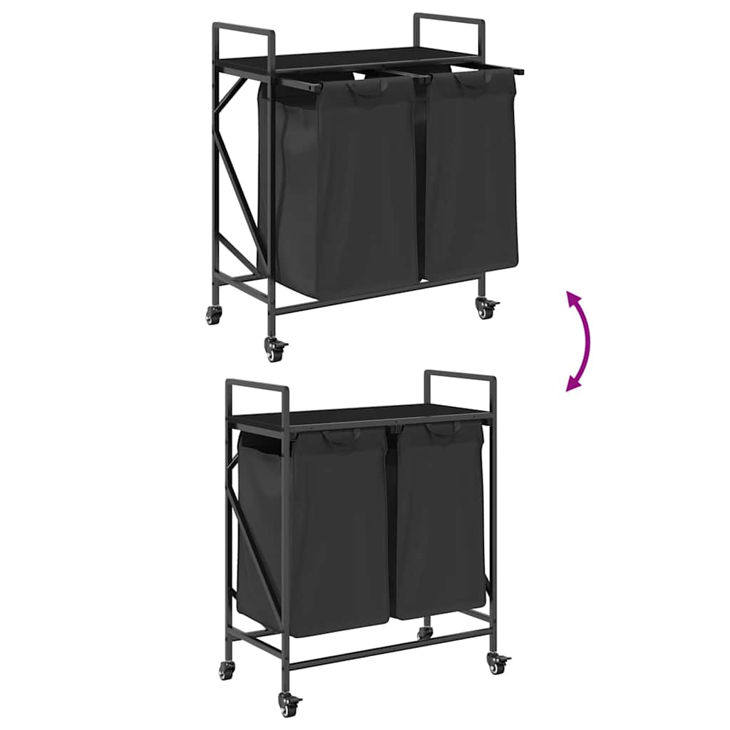 Laundry Basket 2 Compartments with Wheels Black Oak