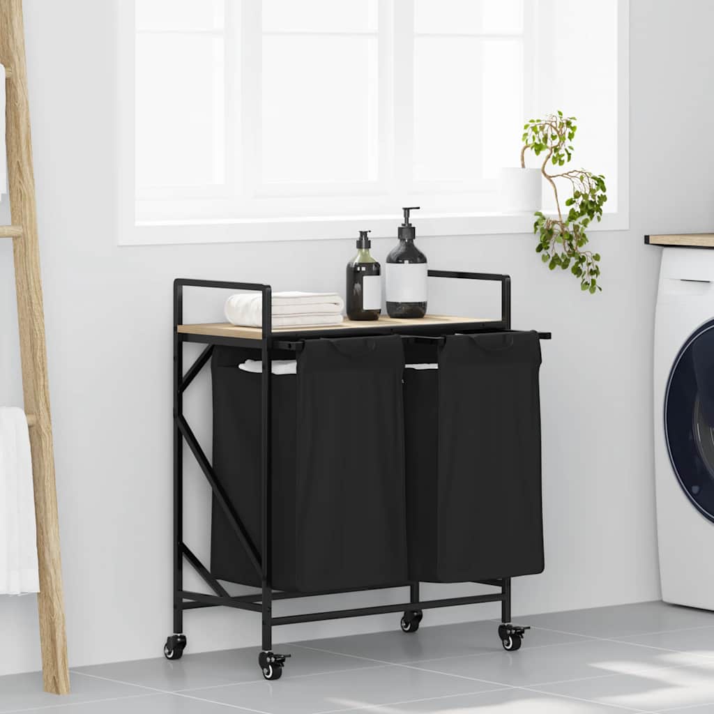 Laundry Basket 2 Compartments with Wheels Sonoma Oak