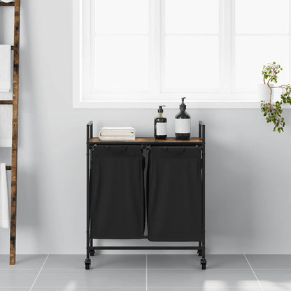 Laundry Basket 2 Compartments with Wheels Smoked Oak