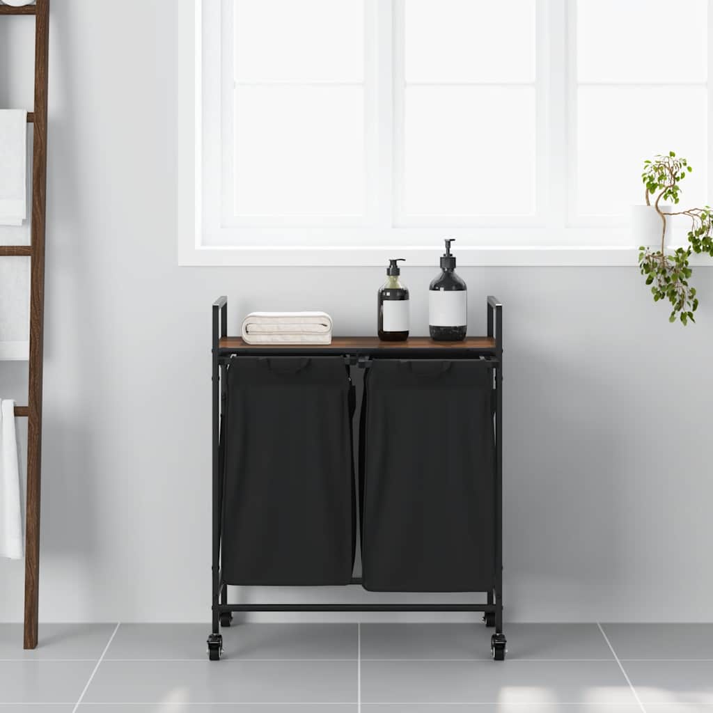 Laundry Basket 2 Compartments with Wheels Brown Oak