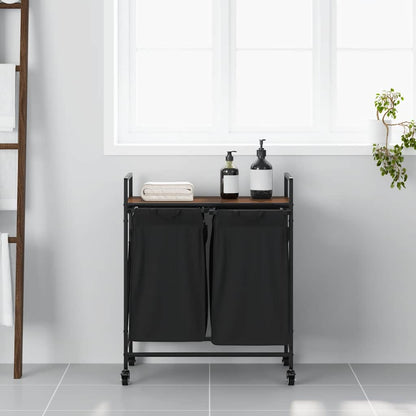 Laundry Basket 2 Compartments with Wheels Brown Oak