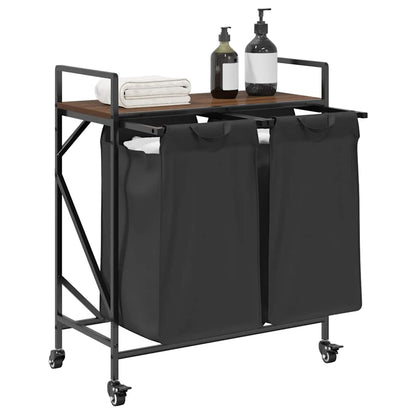 Laundry Basket 2 Compartments with Wheels Brown Oak