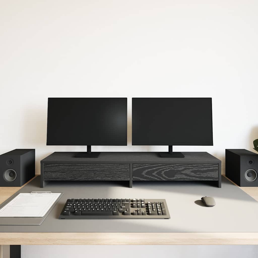 Monitor Stand with Drawers Black Oak 100x27x15cm Engineered Wood