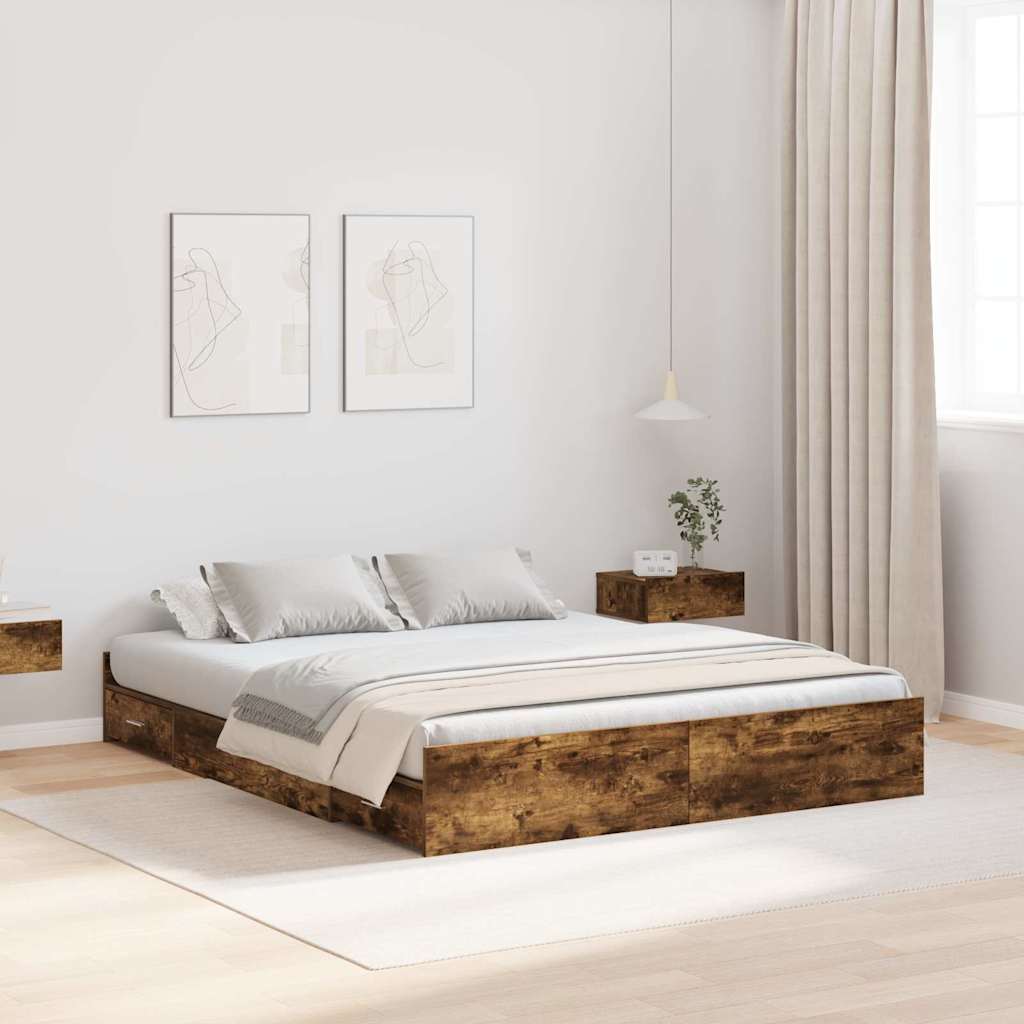 Storage Bed Frame Smoked Oak 140 x 190 cm Engineered Wood