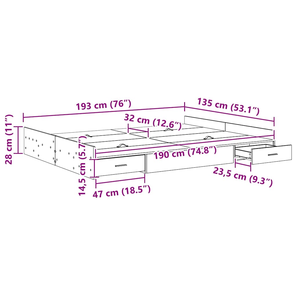 Storage Bed Frame Sonoma Oak 135 x 190 cm Engineered Wood