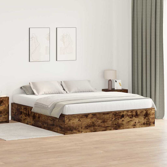 Bed Frame with Storage Smoked oak 200 x 200 cm Engineered wood