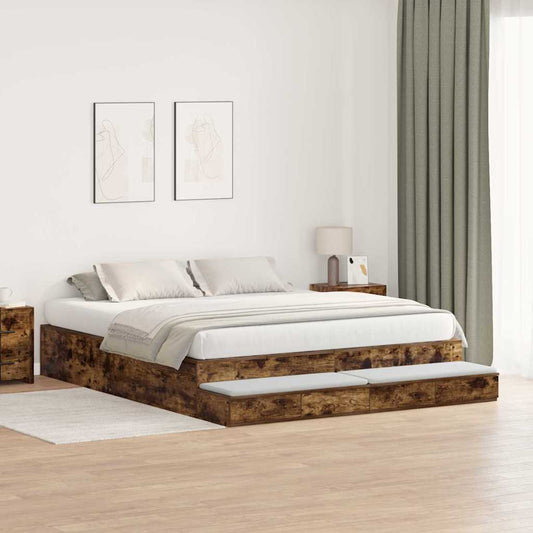 Storage Bed Frame with Drawer Smoked Oak 200 cm Engineered Wood