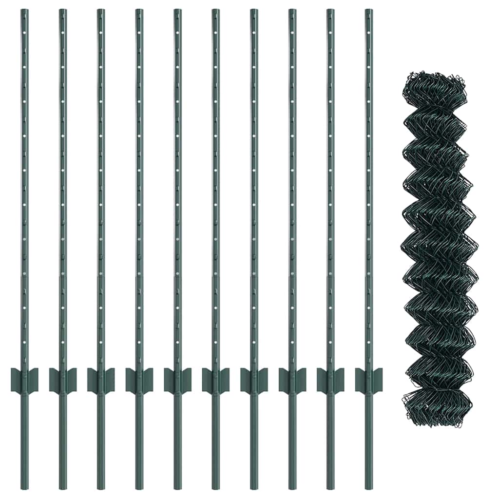 Fence with Posts Green 1 x 10 m Steel