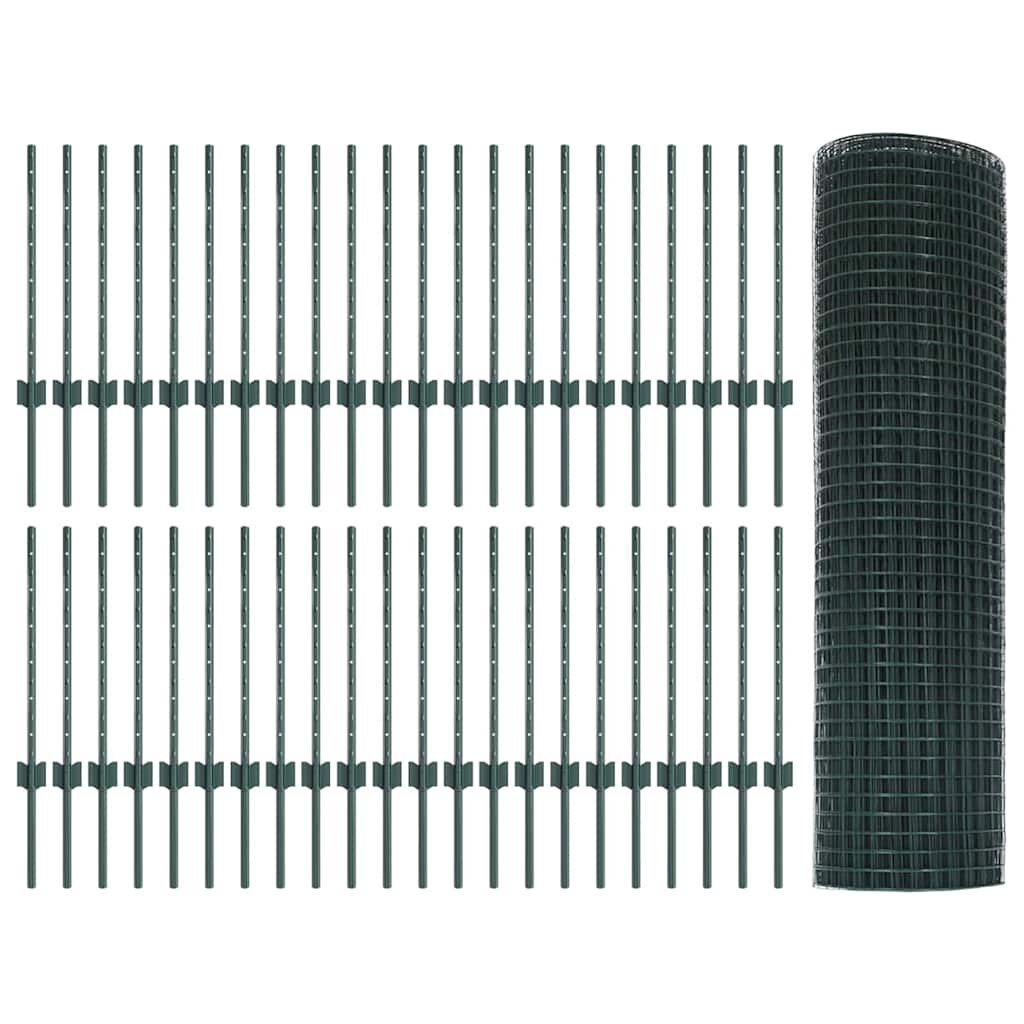 Fence with Posts Green 0.6 x 100 m Steel