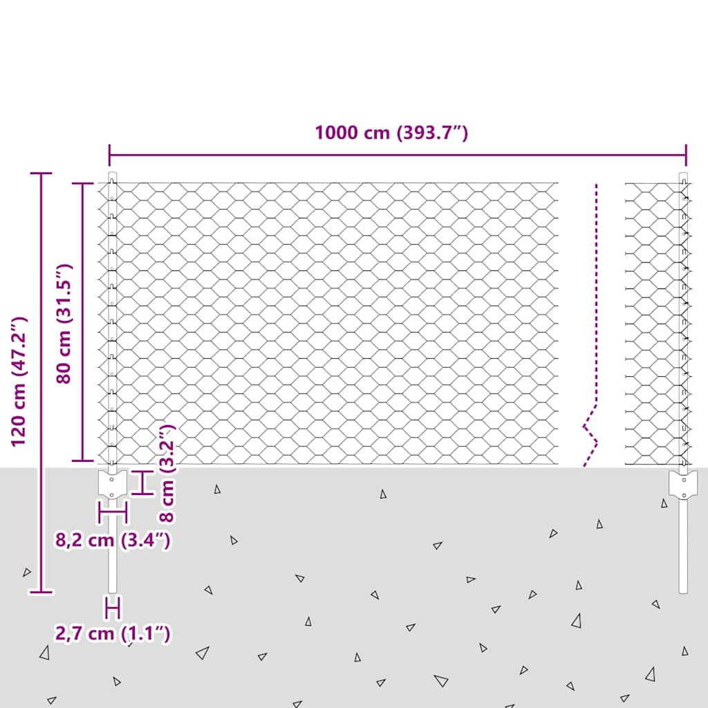 Fence with Posts Grey 0.8 x 10 m Steel