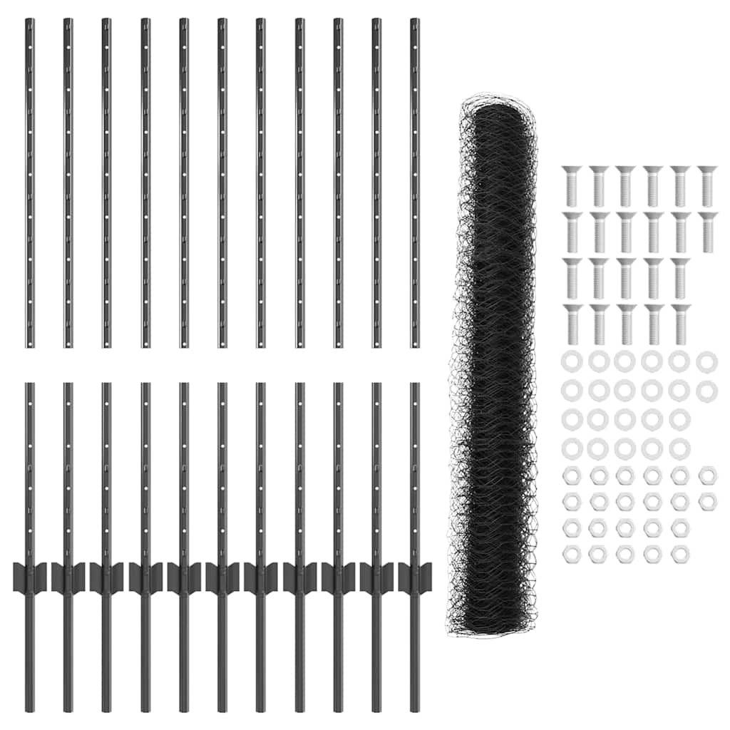 Fence with Posts Grey 1 x 25 m Steel