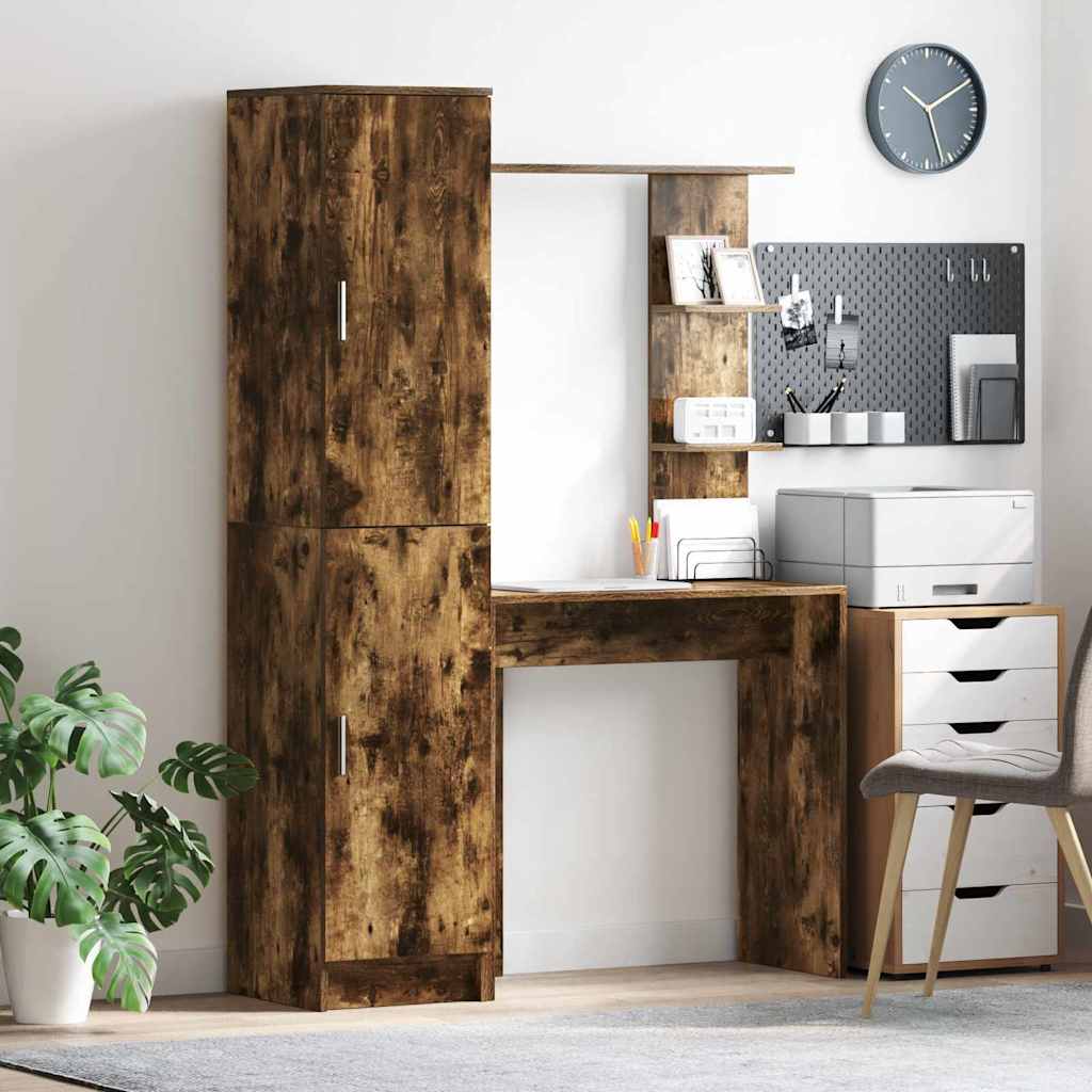 Desk with Storage with Shelf 2 pcs Smoked Oak Engineered wood